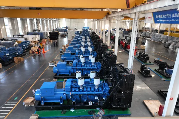 Containerized diesel generator in 40-foot shipping container at industrial port