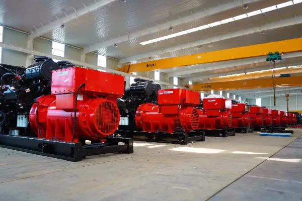large diesel generator set on construction site with workers in hard hats, industrial power equipment, heavy machinery, blue sky background