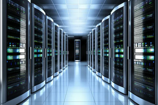 Data center server room with blue lighting