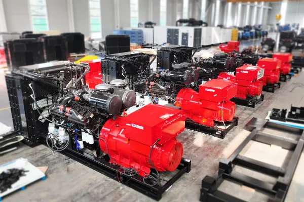 Large industrial diesel generator set in yellow weatherproof enclosure at construction site