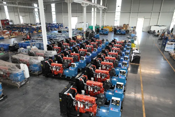 industrial diesel generator engine close-up with blue exhaust system and fuel injection components