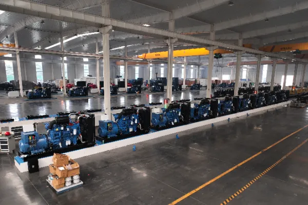 Industrial diesel generator set in soundproof canopy, professional factory setting