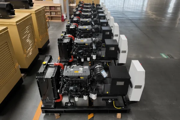 Large industrial diesel generator set with liquid cooling system radiator in manufacturing facility