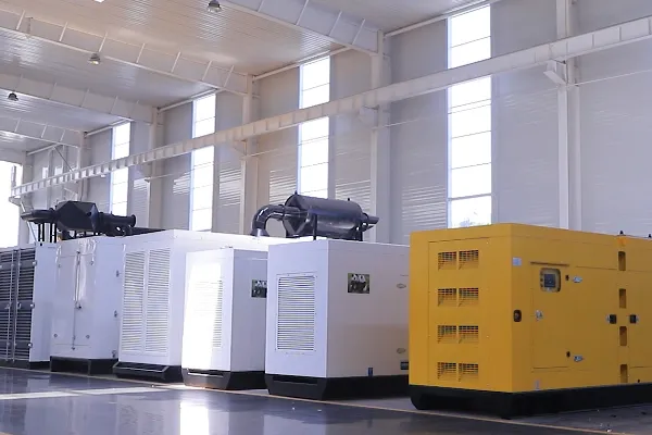 Industrial diesel generator set in a modern factory warehouse