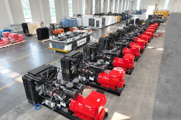 Industrial natural gas generator set installed outside commercial facility with weather enclosure