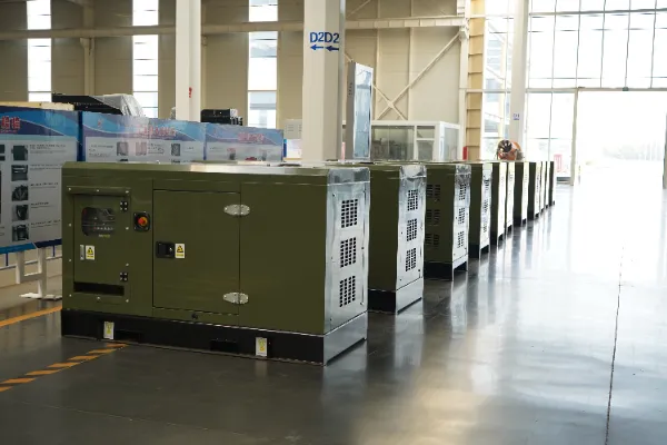 Large industrial diesel generator in manufacturing facility with engineers inspecting equipment