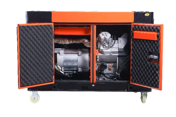 Silent diesel generator in sound-attenuated enclosure installed beside a commercial building