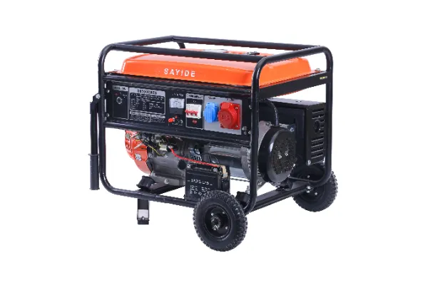 Open-frame portable gasoline generator powering tools at an outdoor construction site