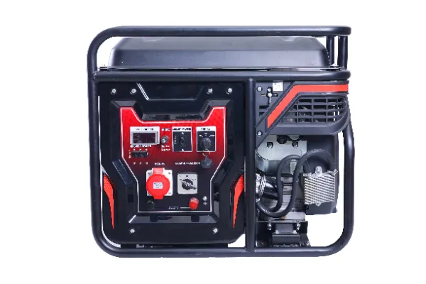 Portable gasoline generator set with tubular steel frame at construction site